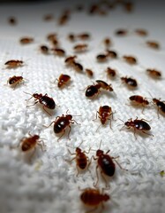 Close-Up View of Infestation of Brown Bed Bugs Crawling on White Fabric Surface in a Home Environment