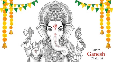 Illustration of lord ganesha with garlands and pennants for ganesh chaturthi celebration design