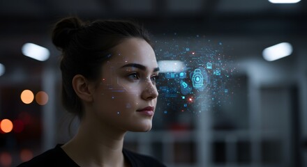 Close-Up of Woman with Digital HUD (Heads-Up Display) Technology