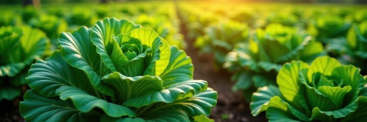 Sunlit kale patch, mature plants ready for picking, outdoor, rich