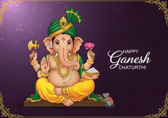 Illustration of lord ganesha with green turban and happy ganesh chaturthi text on purple background
