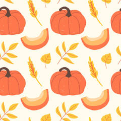 cozy seamless pattern with pumpkin and wheat on a light background