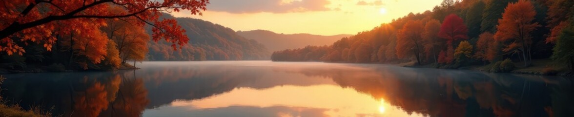 Serene autumn lake, twilight hues  Golden leaves, glassy water , lake,  nature