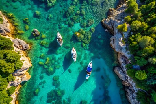 Aerial view of kayaks gliding through crystal clear turquoise waters amidst lush greenery
