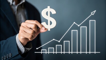 Person holding dollar sign with rising bar graph in the background representing financial growth