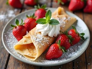 Strawberry Delight Crepe: Top-down view of a strawberry crepe with whipped cream and mint garnish on a ceramic plate, surrounded by fresh strawberries and icing sugar on a rustic table.