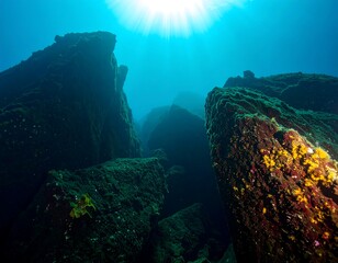 Obraz premium Underwater rock formations illuminated by sunlight