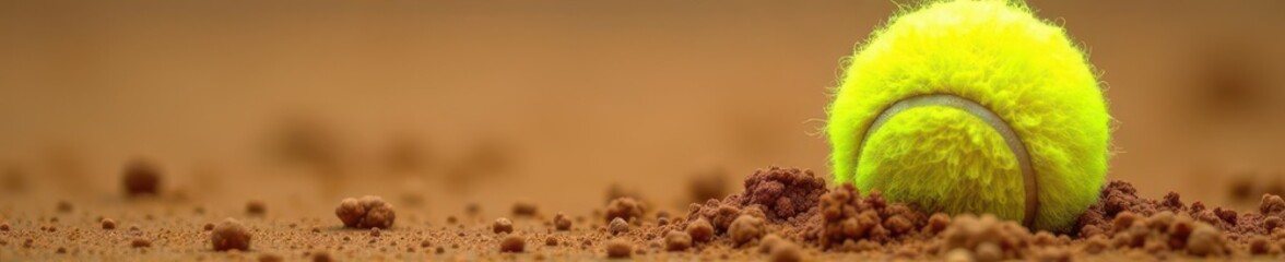 Fuzzy yellow tennis ball barely touching clay line, picture, match, photo