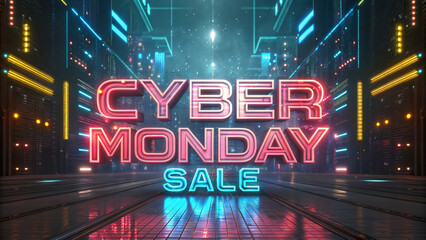 Vibrant neon cyber monday sale announcement with futuristic cityscape background