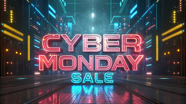 Vibrant neon cyber monday sale announcement with futuristic cityscape background