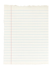 Torn piece of lined notebook paper featuring blue horizontal lines and a red vertical margin on transparent background.