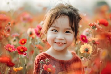 Naklejka premium Little girl with flower field photography happy portrait.