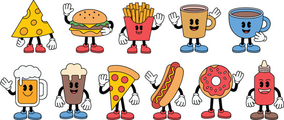 Cartoon food characters, anthropomorphic drinks, smiling faces, waving hands, fun design, vector clipart, playful illustration
