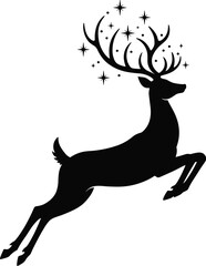 Jumping reindeer silhouette with glowing stars in its antlers, a magical Christmas and fantasy symbol, flat vector illustration on a white background.