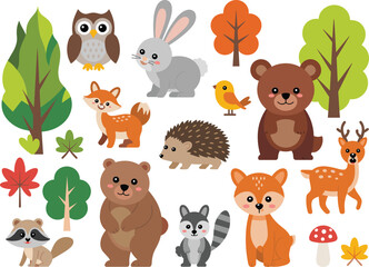 Cartoon forest animals, cute woodland creatures, colorful trees, playful plants, owl, fox, bear, deer, raccoon, rabbit
