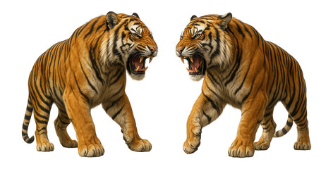Naklejka premium Two fierce tigers with open mouths face each other, showcasing their sharp teeth and powerful stance on transparent background.