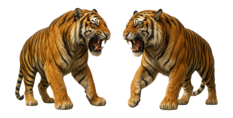 Two fierce tigers with open mouths face each other, showcasing their sharp teeth and powerful stance on transparent background.