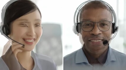 Smiling diverse customer service representatives wearing headsets in split screen video call. Professional call center agents providing support, communication and remote assistance in modern workplace - Powered by Adobe