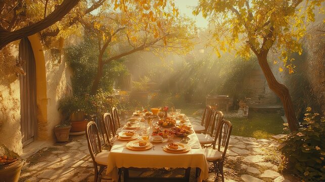 Beautiful Autumn Outdoor Dining Setup with Sunlight and Decor