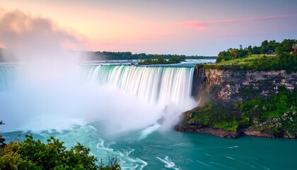 Fototapeta premium Majestic waterfall cascading over cliffs at sunrise, mist rising, vibrant colors