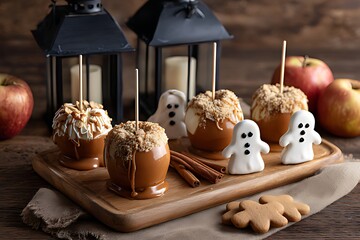 Spooky Halloween Treats: Caramel Apples and Cookies Decorated as Ghosts, Close-up of caramel apples decorated with white fondant ghosts, alongside spiced cookies shaped like ghosts.