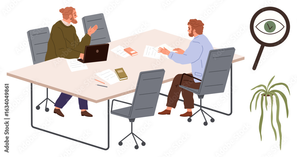 Poster two colleagues sit at a desk discussing work with documents and a laptop. includes a magnifying glas