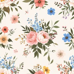 Elegant Vintage Garden A Seamless Pattern of Painterly Peonies and Wildflowers.