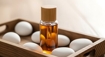Amber oil bottle with wooden lid surrounded by white eggs in wooden tray