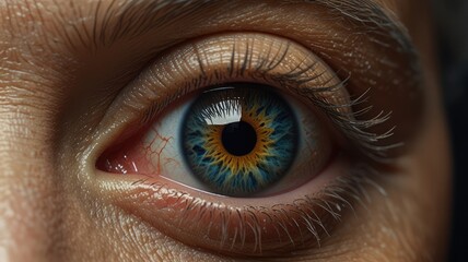 Close-up of a striking blue eye, detailed iris, eyelashes, and skin texture visible.