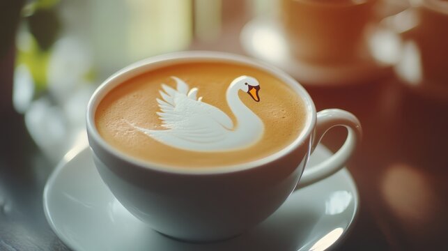 Beautiful latte art with swan design in a coffee cup