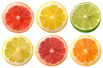 Collection of citrus fruit slices isolated on transparent background for healthy eating