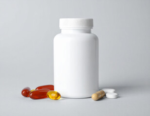 White Supplement Bottle with Assorted Pills and Capsules
