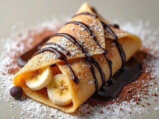 Chocolate Banana Crepe Overhead Presentation: Overhead shot of a folded crepe filled with banana slices and drizzled with chocolate sauce, served with powdered sugar and cocoa powder accents.