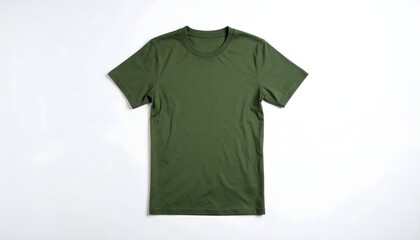 Blank Military Green T-Shirt Flat Lay Mockup on White Background with Soft Shadow