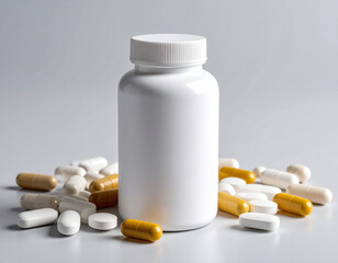 White Supplement Bottle with Assorted Pills and Capsules