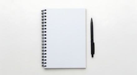 Blank spiral notebook with a black pen lying on a white surface top view