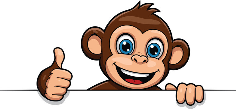 Cartoon monkey thumbs up, cute animal character, positive gesture, happy monkey illustration, vector clipart, isolated