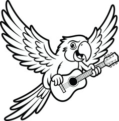 Cartoon parrot playing guitar, musical bird illustration, colorful feathers, singing parrot, vector clipart, fun character
