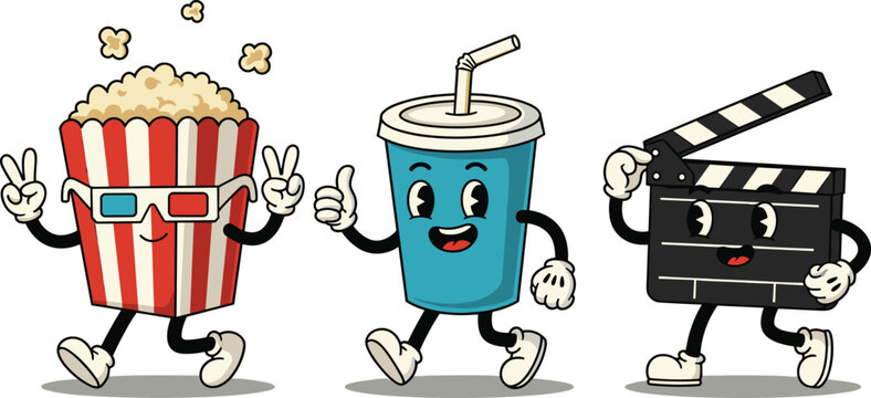 Cartoon movie characters, popcorn bucket, soda cup, clapperboard, cinema icons, fun illustration, vector, entertainment theme