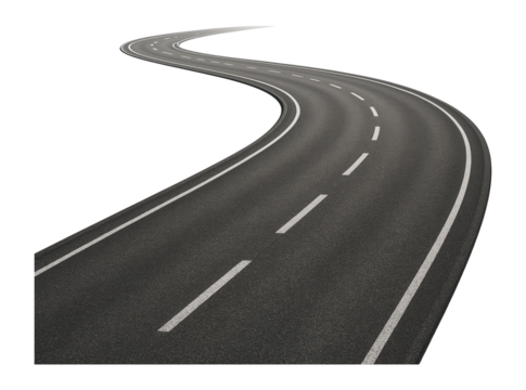 Curved road with marked lanes and asphalt texture extending into the distance on transparent background.