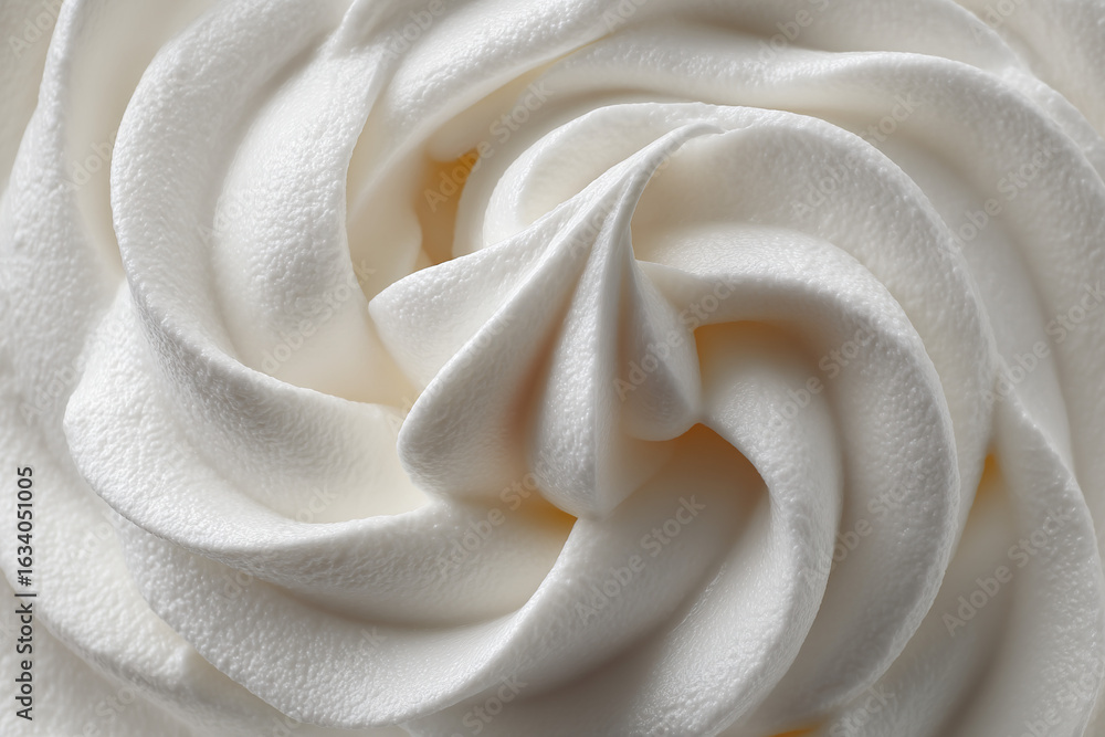 Poster close-up of a swirl of soft, white cream with smooth, peaked texture, creating an appetizing and ele