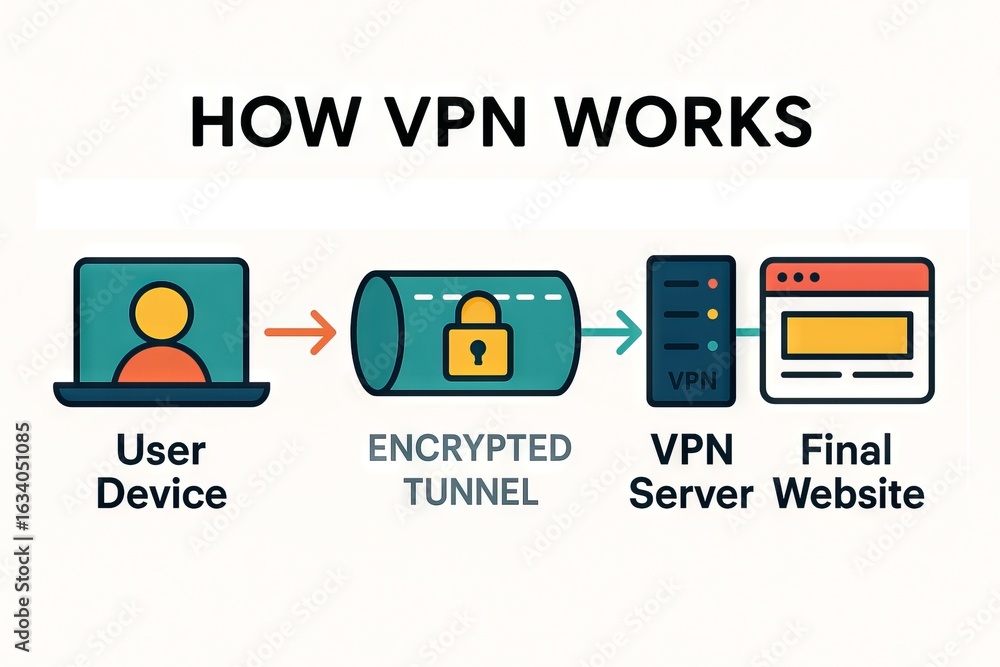 Aufkleber illustration explaining vpn security path featuring user device, encrypted tunnel, vpn server, and f