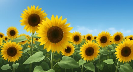 Obraz premium Vibrant Sunflower Field Under Clear Blue Sky, Summer Landscape, Botanical Beauty.