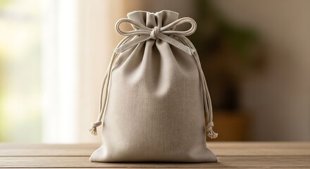 A drawstring pouch made of beige fabric with a bow on a wooden surface
