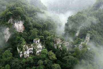 Misty jungle shrouds ruined buildings nestled in a valley