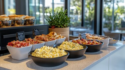 Fototapeta premium Breakfast buffet spread with fresh dishes and vibrant colors