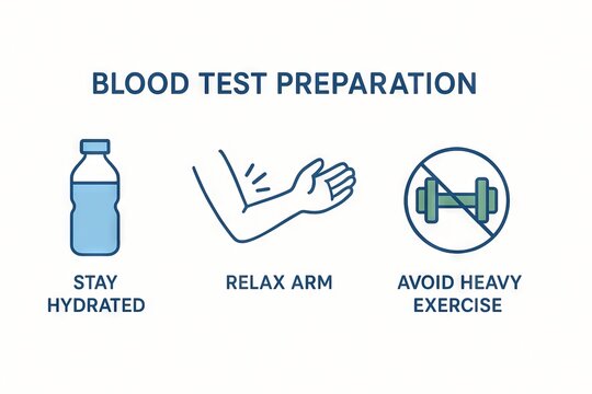 Blood test preparation tips illustration featuring hydration, relaxation, and exercise avoidance for optimal results and health maintenance