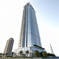 Obraz premium Majestic modern skyscraper reaching towards a bright sky with surrounding buildings and palm trees