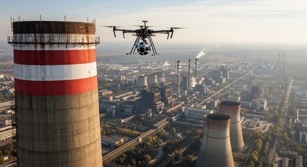 Advanced drone inspecting a large industrial power plant with multiple chimneys and cooling towers