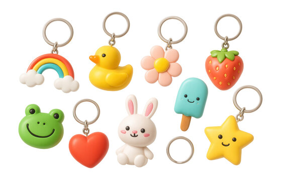 A collection of colorful cute keychains featuring designs like a duck, rainbow, flower, strawberry, frog, rabbit, popsicle, heart, and star on transparent background.